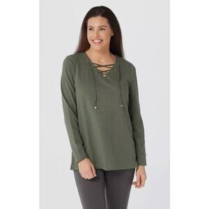 Denim & Co Active Dark Olive Regular Textured French Terry Lace-Up Tunic Size L